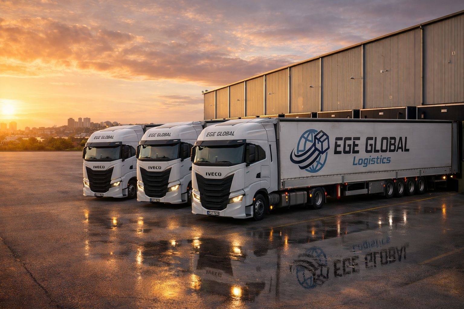 Lkw von Ege Global an der Lagerrampe bei Sonnenuntergang