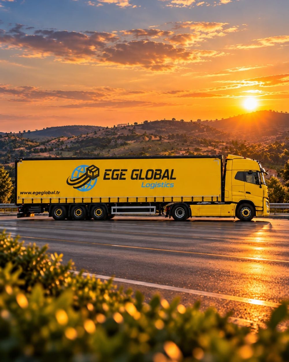 Ege Global truck on the road at sunset